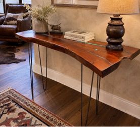 Wood Table, sofa, entry, coffee and Tv stand. Turquoise inlay. Hand crafted.