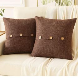 Brown Linen Decorative Throw Pillow Covers 20x20 Inch Set of 2,Square Cushion Case with 3 Vintage Buttons,Modern Farmhouse Home Decor for Couch,Bed

