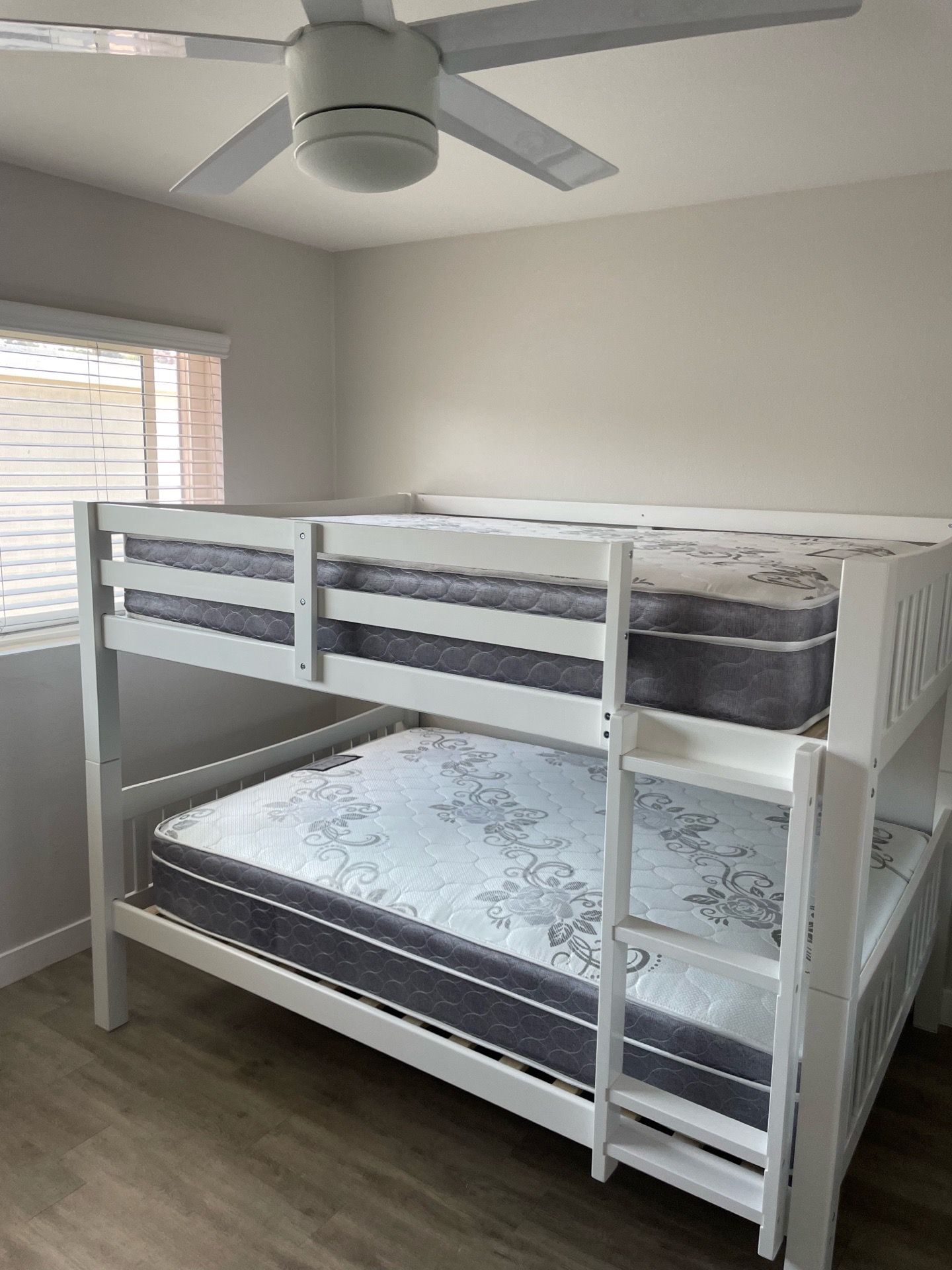 Full over Full bunk bed. Dark walnut,grey & white-$499. Full mattresses -$125.00 each. Assembly not included. Taxes included. Free delivery. Se habla