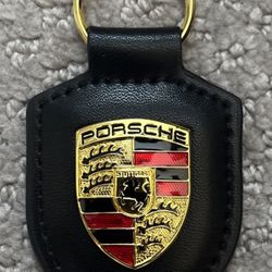 Porsche Black Leather And Gold Keychain Key Ring New
