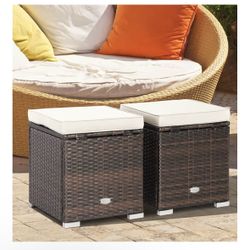 Tangkula 2 Pieces Patio Ottomans, Patiojoy Hand-Woven PE Rattan Side Table with Removable Cushion & Hidden Storage Space, Multifunctional Storage Box,