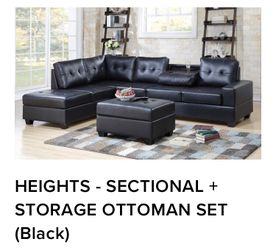 BLACK LEATHER SECTIONAL SOFA WITH OTTOMAN INCLUDED NEW