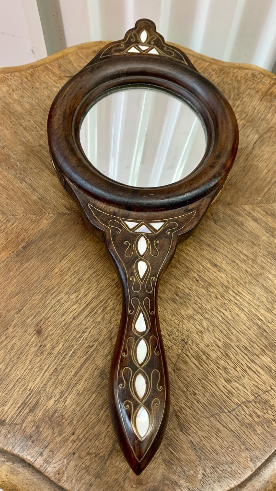 Antique walnut wood carved w/ mother of pearl inlay turkish hand mirror