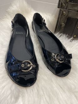 $225 Stuart Weitzman Chitchat Peep Toe Toe Buckle Ballet Flats 8 M Gloss Black