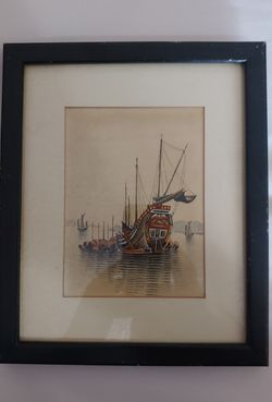 Japanese Painting of Ship on Silk
