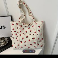 Corduroy Tote Bag With Strawberries Design 