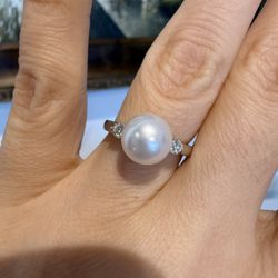 18K White Gold Pearl And Diamonds Ring Perfect Gift 🎁 