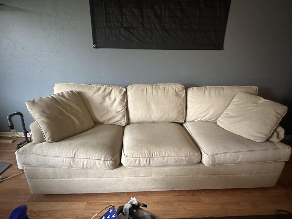 Beige Tan Couch. Pull Out Mattress (PRICE REDUCED)