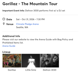 Gorillaz Concert Ticket - Climate Pledge Arena