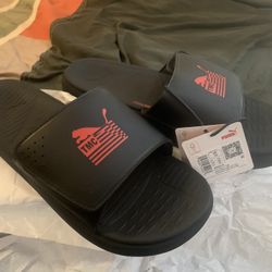 Size 14 Men's Puma Soft Ride x TMC Puma Black Red Slide Sandals