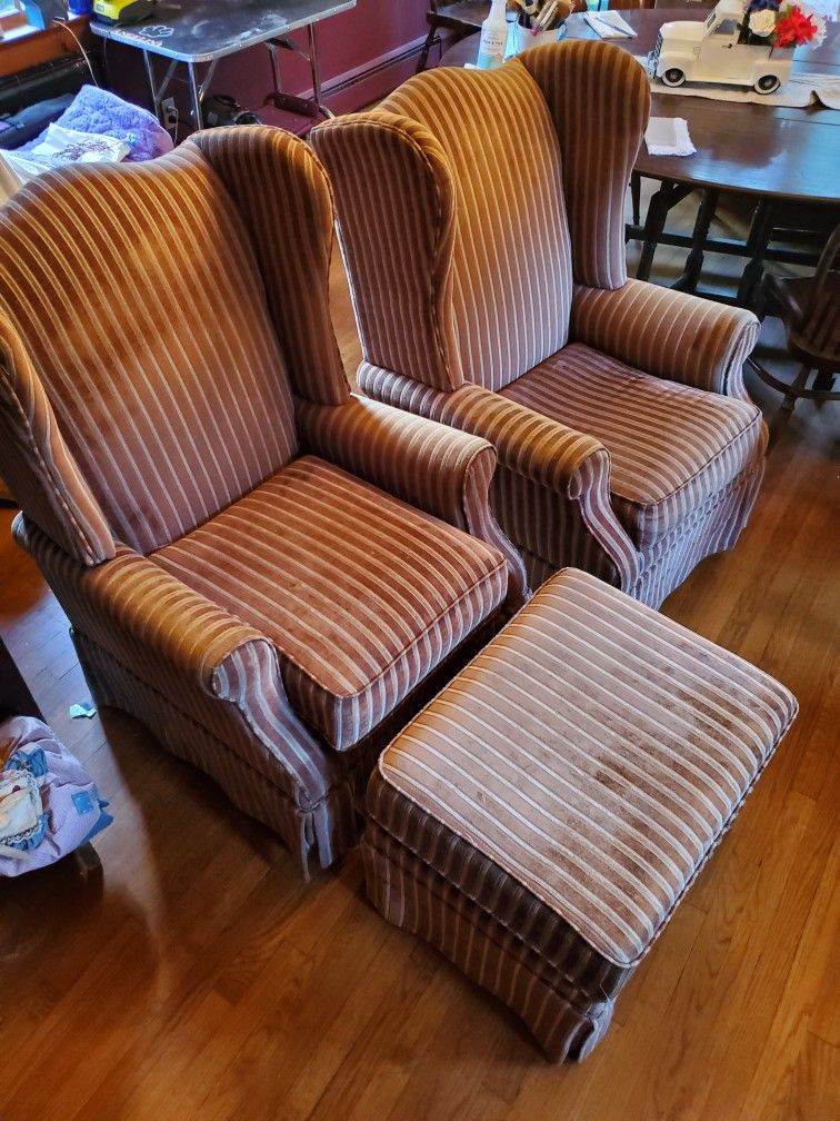 Two Wingback Chairs and Ottoman