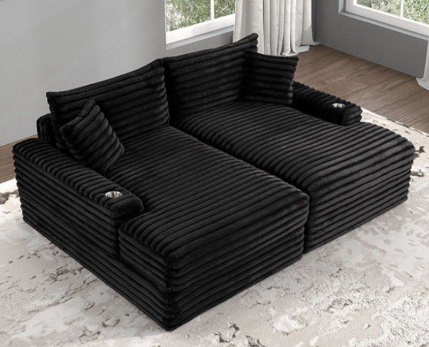 Brand New Black Super Plush Corduroy Double Chaise Sofa