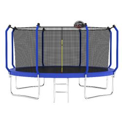 12FT Trampoline with Basketball Hoop, ASTM Approved Reinforced Type Outdoor Trampoline with Enclosure Net