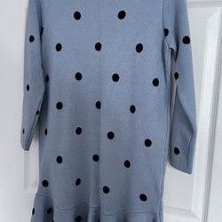 Polka dot gray-blue ruffle knitted dress