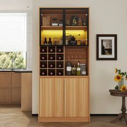 Kitchen Storage Cabinet with Wine Rack: Light Wood Finish, Glass - door Display, and Color - changing LED Lights