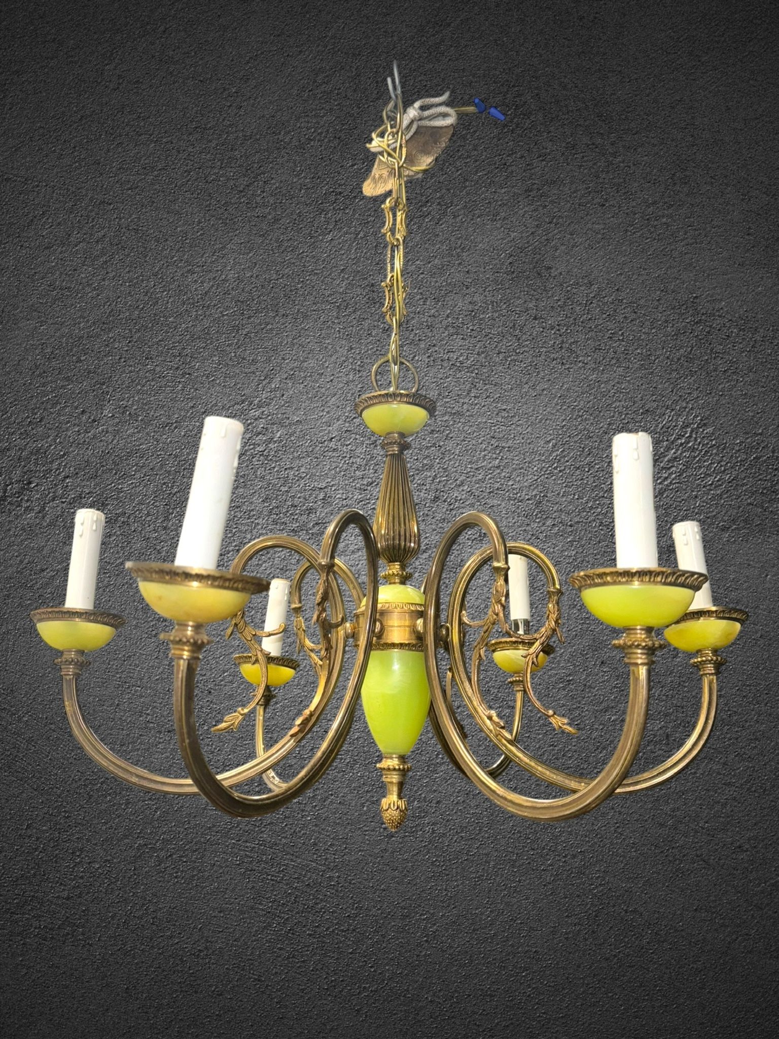 Vintage Italian Neoclassical style Ornate Brass & Faux Onyx 6 Light Chandelier