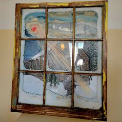 Antique Window With Scenic Painting Attached