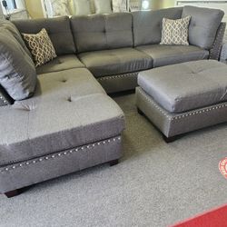 Brand New Tufted Gray Linen Reversible Sectional + Ottoman