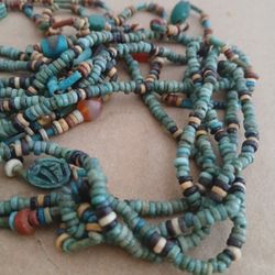 Ancient Egyptian Faience Glass Beaded Two Strand Necklace With Scarab Stones And Other Precious Stones 34 Inches Necklace Old ANTIQUE VINTAGE RETRO
