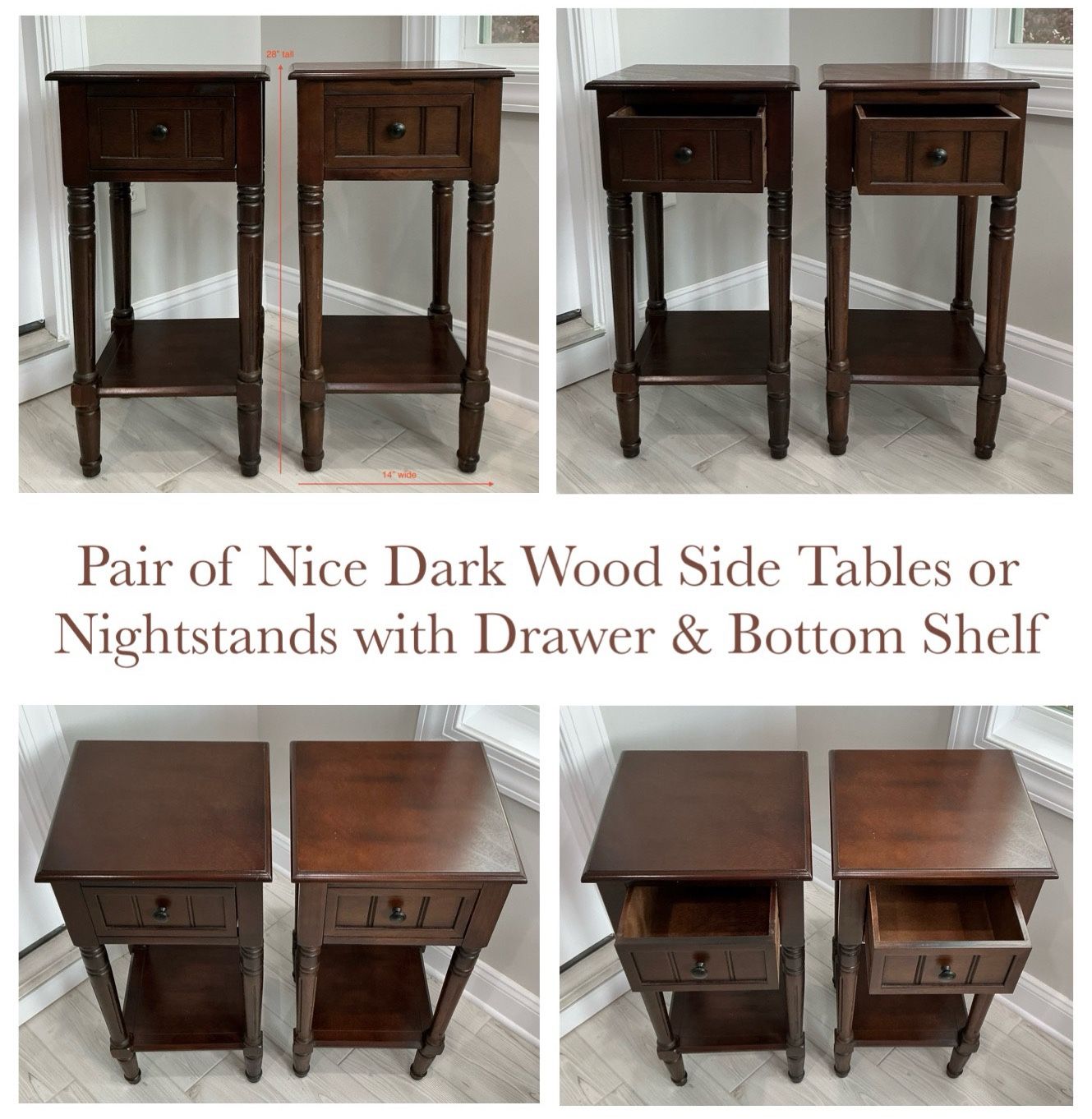Pair of Nice Dark Wood Side Tables or Nightstands with Drawer & Bottom Shelf