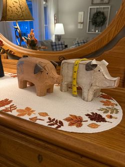 Carved Wooden Pig Figurines Set of 2