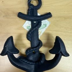 NEW Blue Rustic Cast Iron Coastal Anchor Towel Holder