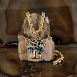 New Gold Emerald Green Eye Panther Necklace 36MM