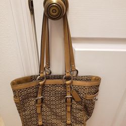 Coach Mini Gallon Brown and Tan Jacquard Leather Trim Tote Bag Purse