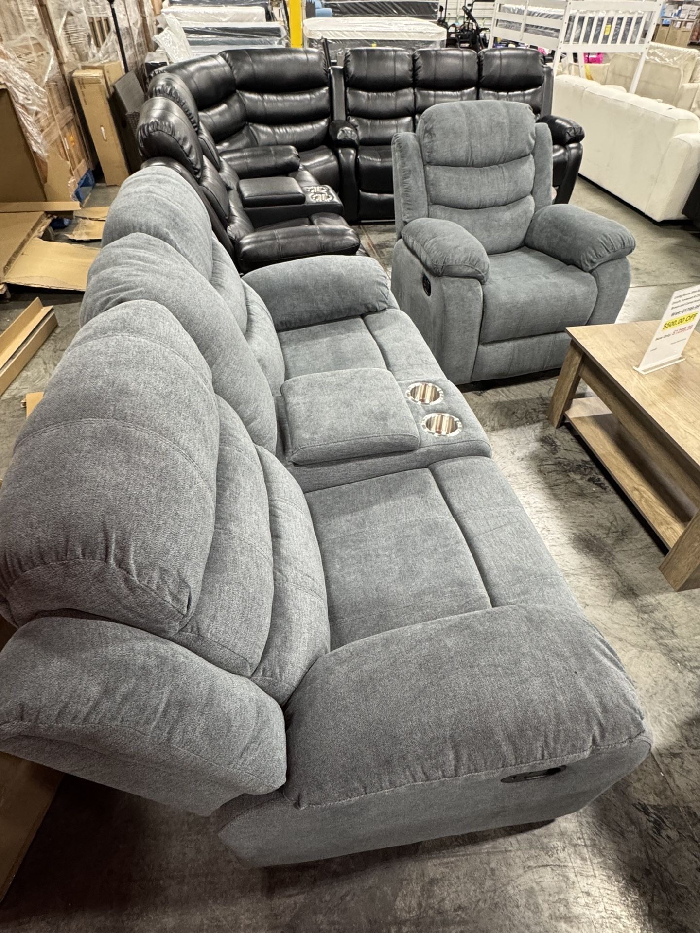 Grey Recliner Loveseat And Chair With Cup Holder