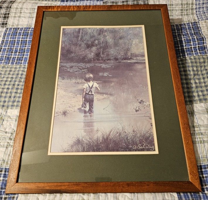 Rare Vintage Adolf Sehring 'Lily Pond' matted print with original wood frame.