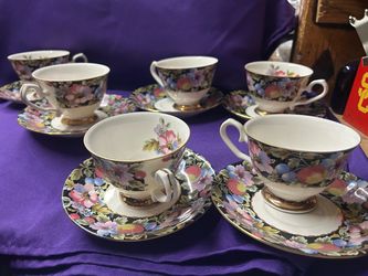 Vintage New Feeling Tropical Japan Tea Cup & Saucer Set 12 Pc Floral Fruit Gold Trim