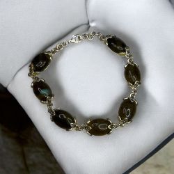 Sterling Silver Oval Link Green Stone 7 1/2" Bracelet, Elegant Jewelry For Women