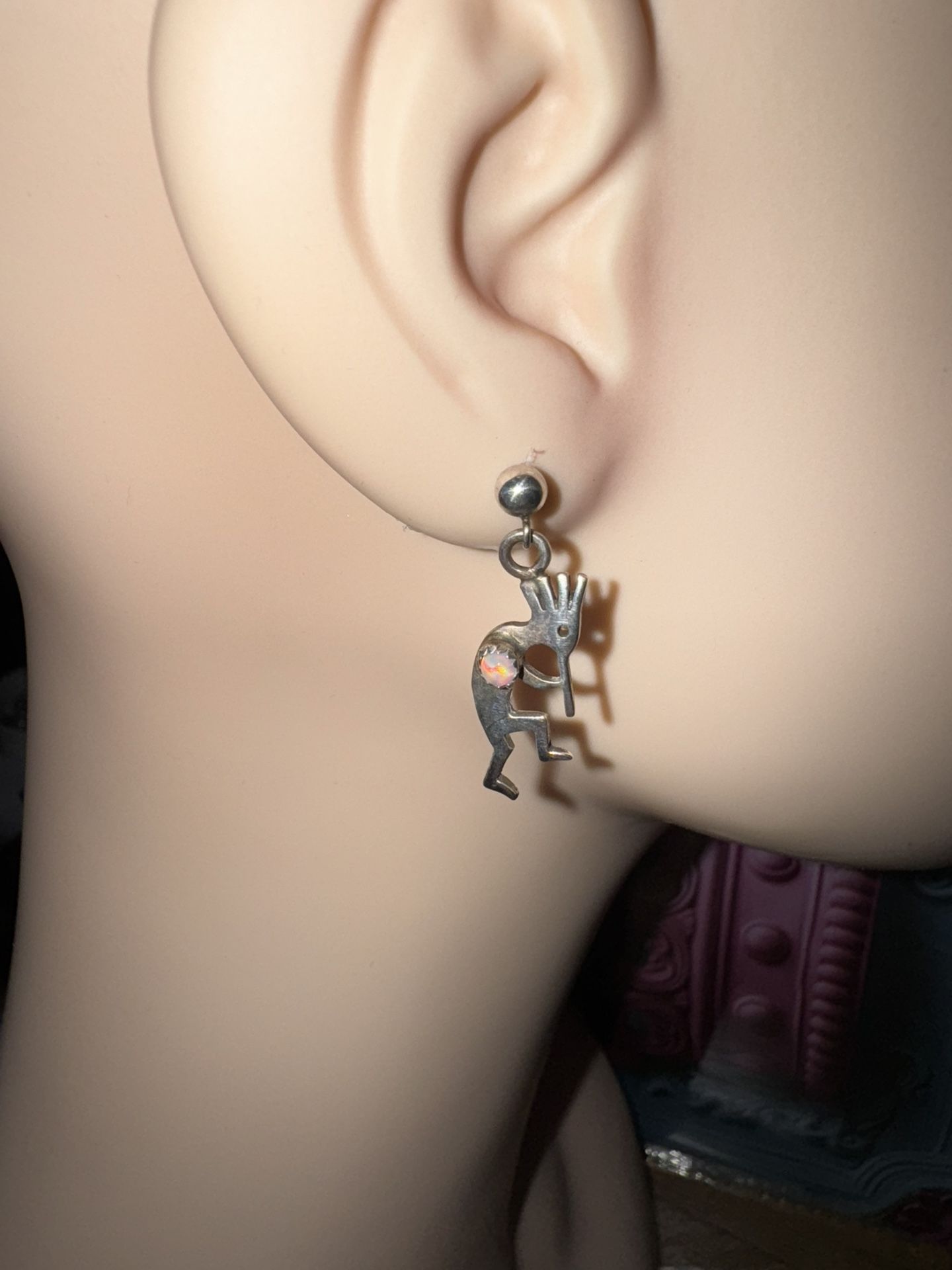 Vintage Kokopelli Sterling Silver & Opal Signed Earrings