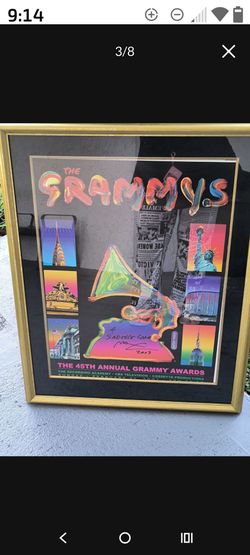 This item is a framed original vintage poster from the 2003 45th Annual Grammy Awards, featuring cover art designed by artist Peter Max.