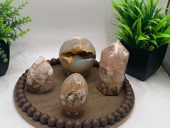Natural hand carved flower agate carvings bundle . Sphere 65 mm 346 g, egg 2.3 inches 138 g, teardrop 2.5 inches 115 g and tower 3.5 inches 256 g