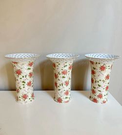 New Paul Jay & Sons red floral chintz gold rimmed vintage ceramic vases holiday Christmas. Need Gone ASAP