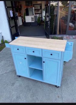 New Kitchen Island 44"in Rolling Island Cart Mobile Solid Wood Portable on Wheels with Storage Cabinet & Drawers, blue