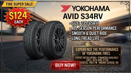 🛑 TIRE SUPER SALE! YOKOHAMA AVID S34RV 🛑 Upgrade your ride with premium all-season performance without breaking the bank! Size: 235/65R17 Pric