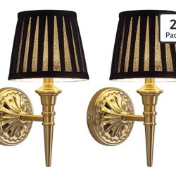 KDG Cordless Wall Sconces Set of 2, Small Wireless 5200mAh Rechargeable Battery Fabric LED Gold With Black Lampshade