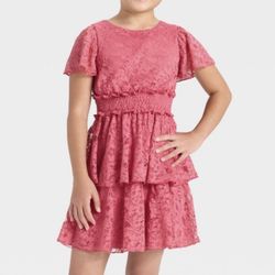 Zenzi Girls Tiered A-Line Dress, All Over Lace, Smocked Waist, Easter Spring Summer, Rose Pink Color, Size XS/Extra Small 4/5 *Brand New with Tags*