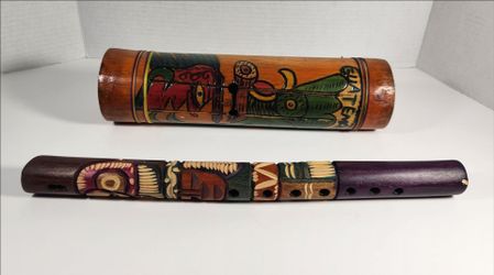 LOT OF 2 HAND MADE GUATEMALA WOODEN FLUTE & TONGUE DRUM FOLK ART MUSIC INSTRUMENTS