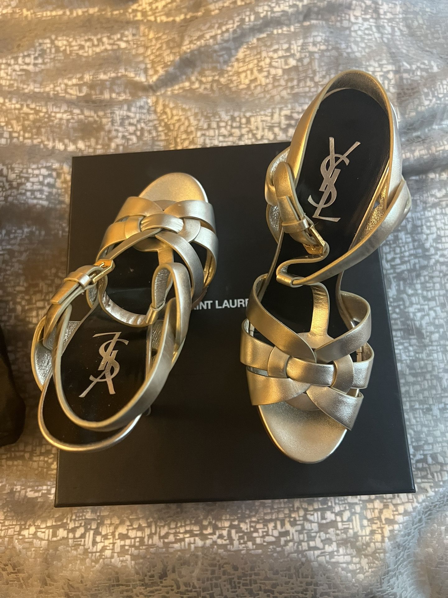 YSL Platform High Heel Sandals in Gold Metallic