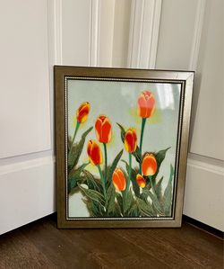 Vintage Contemporary Ceramic Tile Art Arrangement Of Orange And Yellow Tulips