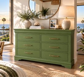 🌿 Professionally Refinished Olive Green Dresser | Gold Hardware