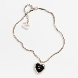 Chanel Black Enamel Heart Pendant Necklace Pearl Trim