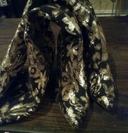 Black with gold flower print knee high boots