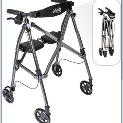 New Stander Space Saver Rollator, Lightweight Folding Rolling Walker with Seat for Seniors & Adults, 4-Wheel Mobility Aid with 6-inch Wheels, Locking 