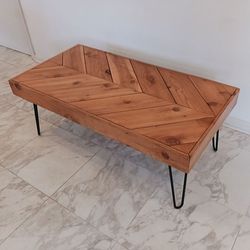 Rustic Pine Chevron Pattern Coffee Table with Hairpin Legs