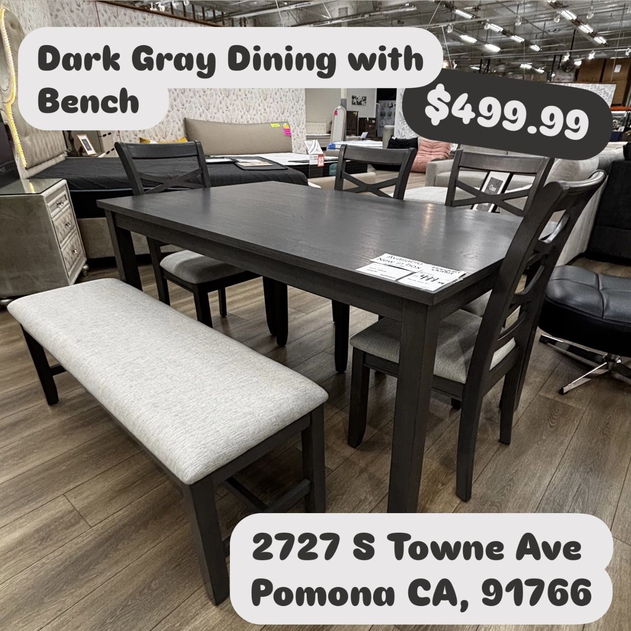 Dark Gray 6 Pc Dining Set With Bench