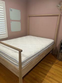 IKEA wooden queen bed frame w mattress